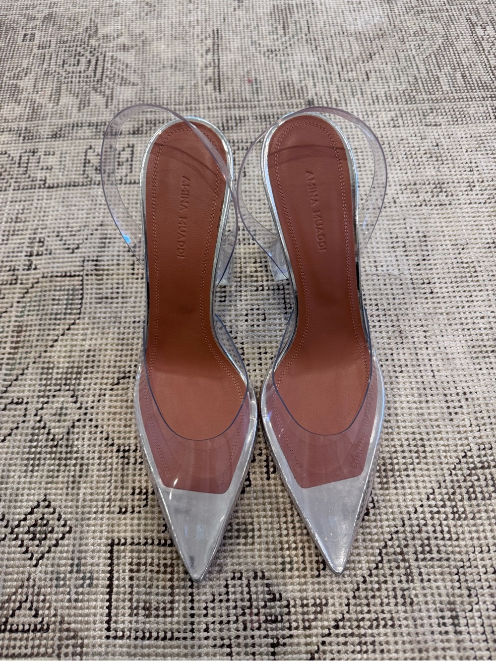 Amina Muaddi Transparent Pointed Slingback Pumps with Caramel Insole